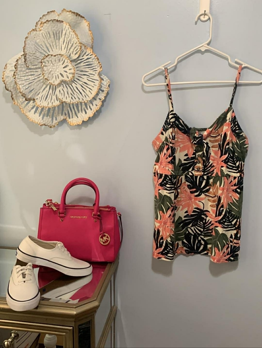 Floral Tropical Print Cami Tank Top in Coral & Green